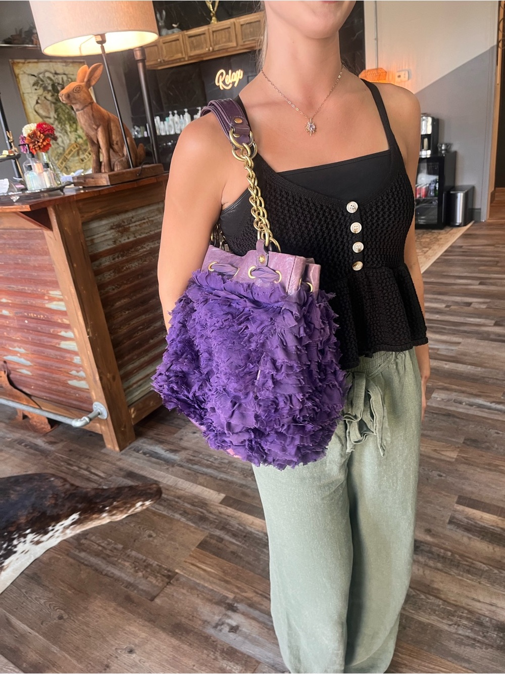 Juicy Couture Purple Ruffle Drawstring Shoulder Bag with Chain Strap
